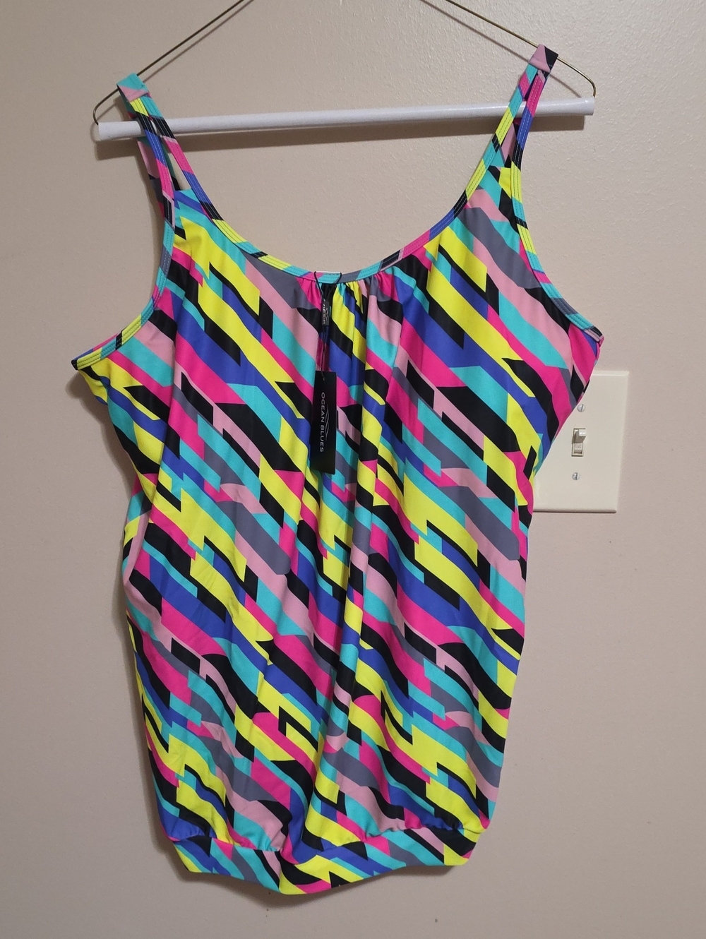 Multi-Color Geometric Tankini Swim Top - Neon Stripe